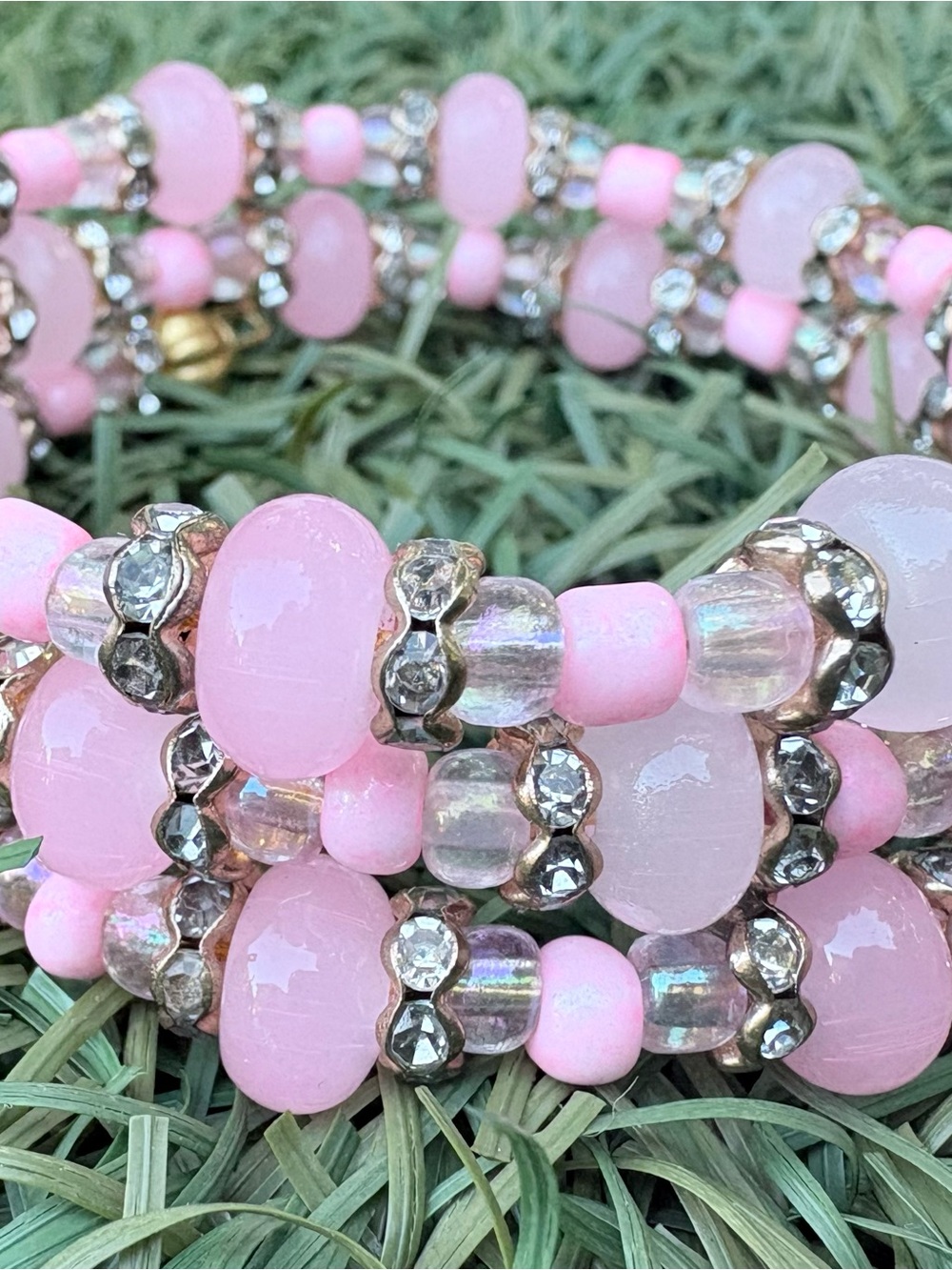 Pink Beaded Memory wire  Bracelet with Crystal Accents